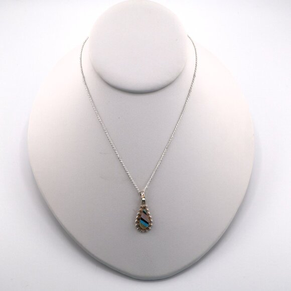 Native American Inlay Pendant Teardrop Sterling Silver Zuni Necklace‎ Jewelry** - Picture 5 of 11
